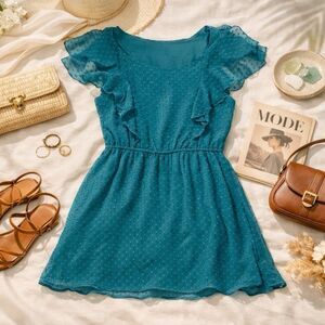 Bebop Teal Swiss Dot Flutter Sleeve Dress Size L NWT